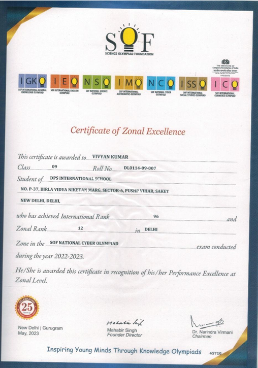SOF National Cyber Olympiad Certificate of Zonal Excellence 2022