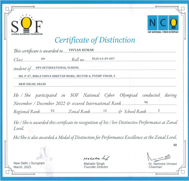 SOF National Cyber Olympiad Certificate of Distinction 2022 