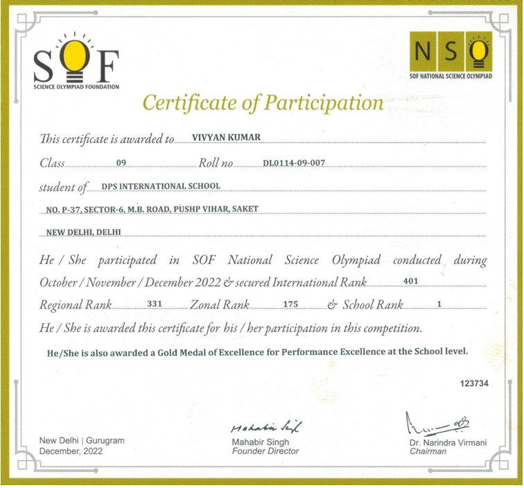 SOF National Science Olympiad Certificate of Participation 2022 