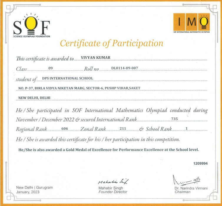 SOF International Mathematics Olympiad Certificate of Participation 2022 