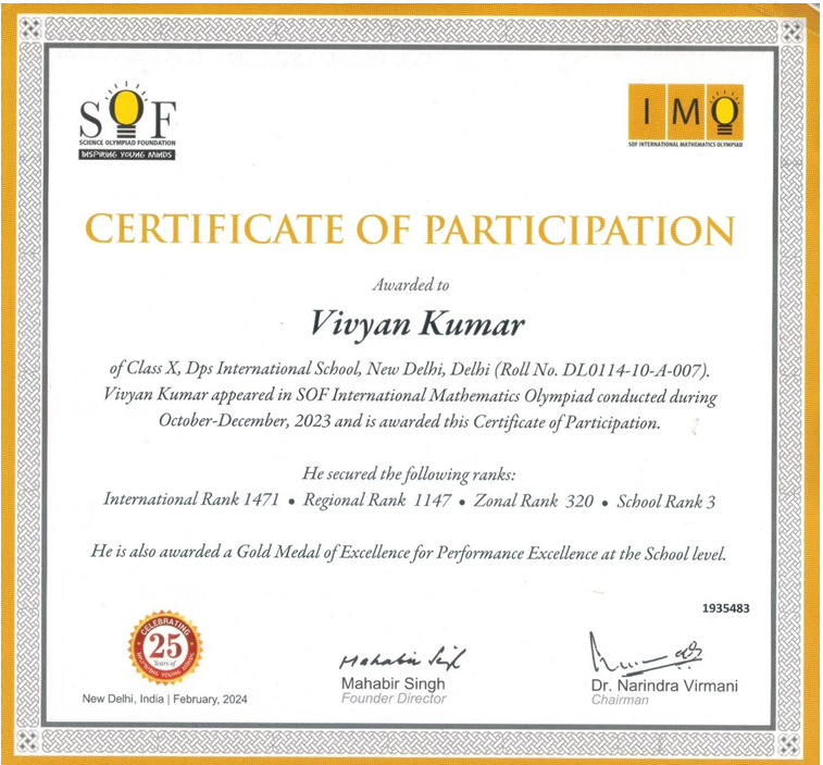 SOF International Mathematics Olympiad Participation Certificate 2023 