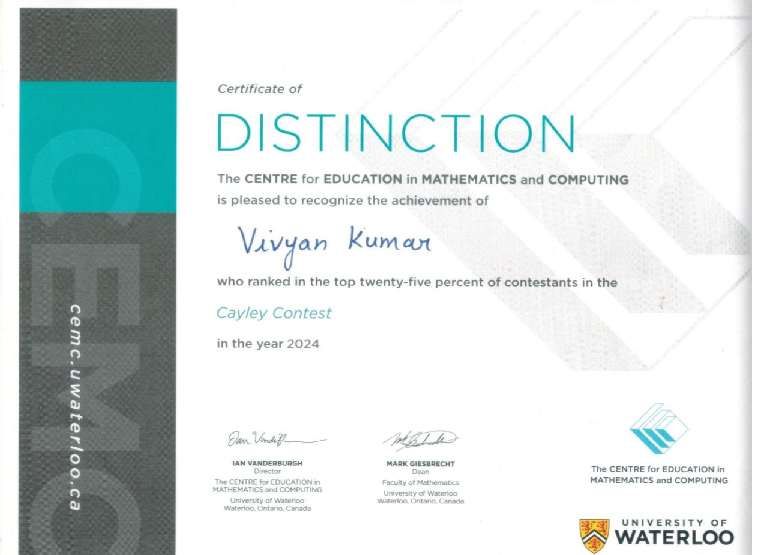 CEMC Cayley Contest Distinction Certificate