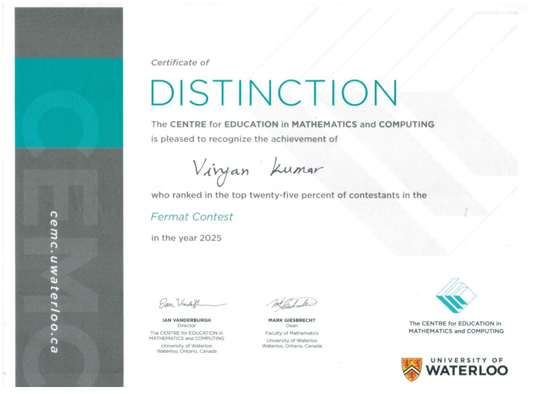 CEMC Waterloo Fermat Contest Distinction Certificate