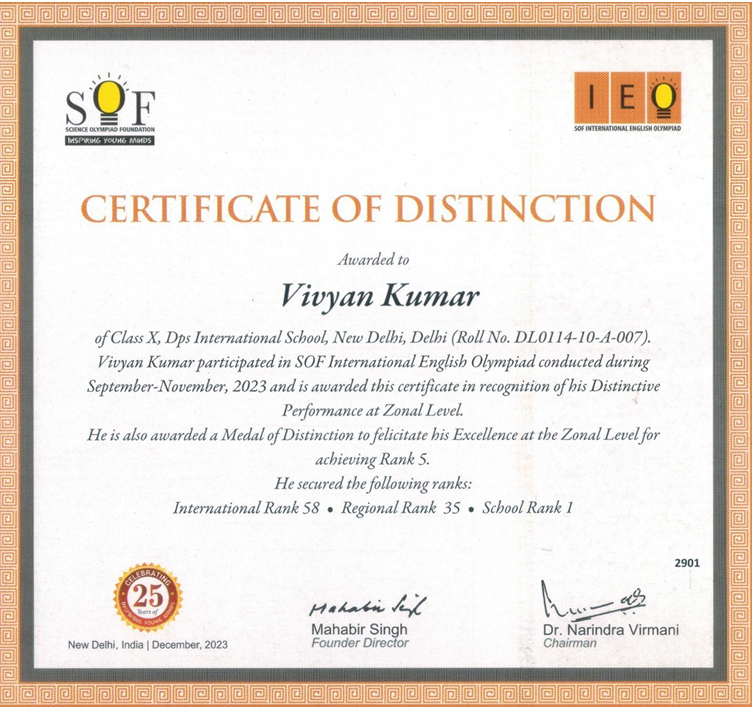 SOF International English Olympiad Certificate of Distinction 2023