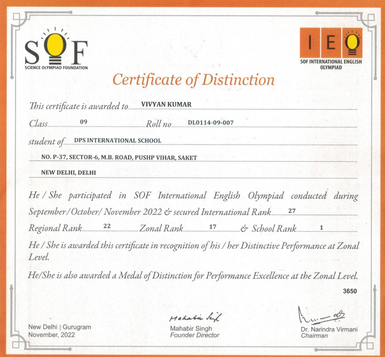 SOF International English Olympiad Certificate of Distinction 2022